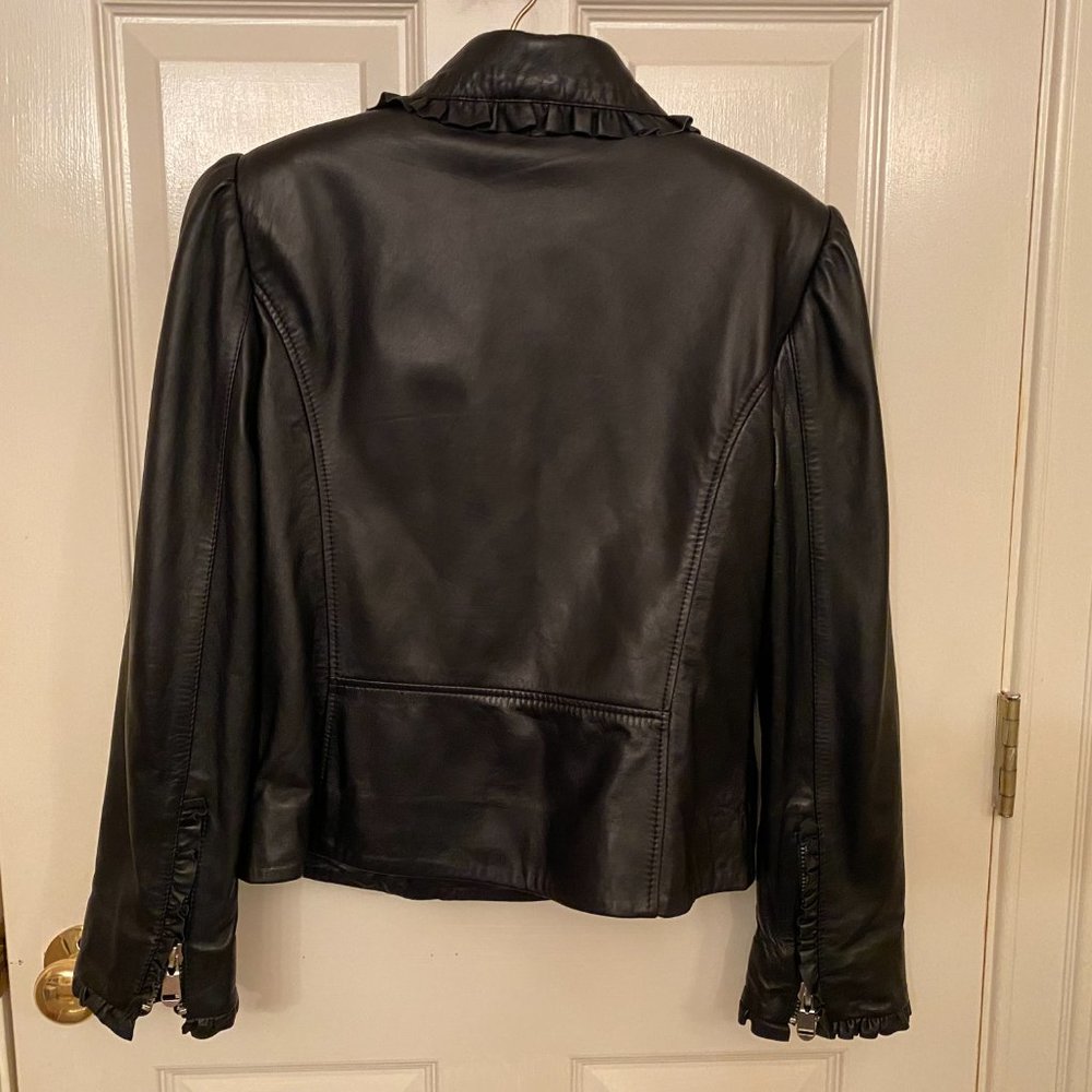 Cinq A Sept Eloise Moto Biker Leather Jacket Ruffled Trim SZ S - Picture 5 of 10
